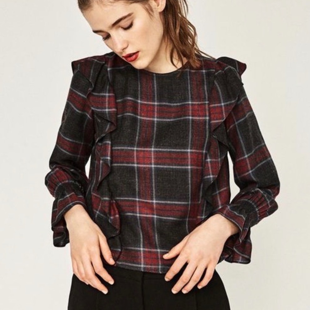 ZARA Red Grey Plaid Ruffle Blouse Smocked Cuff Long Sleeve Sz S Academia Career